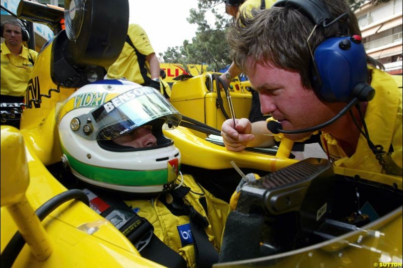 Giancarlo Fisichella, Jordan. Thursday practice, Monaco Grand Prix. Monte Carlo, May 29th 2003.