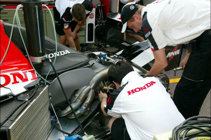 Honda engine at the back of a BAR. Thursday practice, Monaco Grand Prix. Monte Carlo, May 29th 2003.