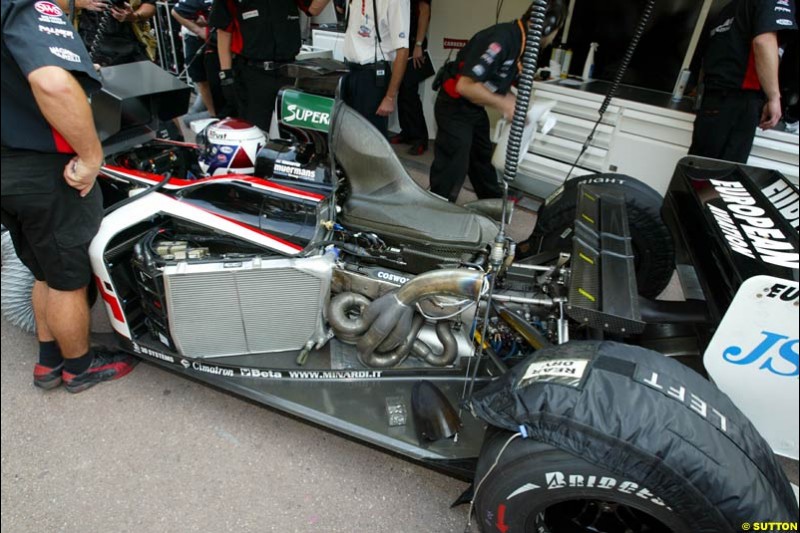 Cosworth engine at the back of a Minardi. Thursday practice, Monaco Grand Prix. Monte Carlo, May 29th 2003.