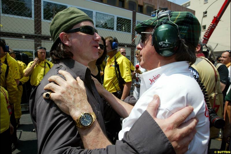 Bono with Jackie Stewart. Monaco Grand Prix, Sunday, June 1st 2003.
