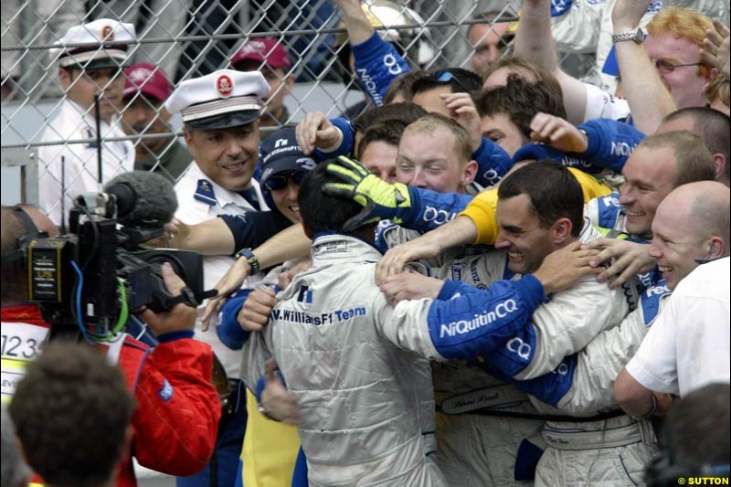 Juan Pablo Montoya, Williams, celebrates victory. Monaco Grand Prix, Sunday, June 1st 2003.