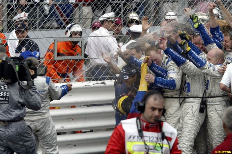 Juan Pablo Montoya, Williams, celebrates victory. Monaco Grand Prix, Sunday, June 1st 2003.