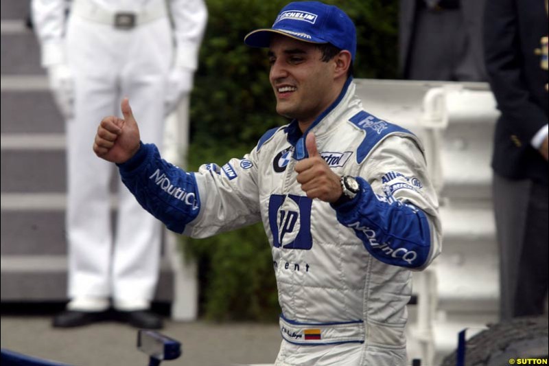 Juan Pablo Montoya, Williams, celebrates victory. Monaco Grand Prix, Sunday, June 1st 2003.