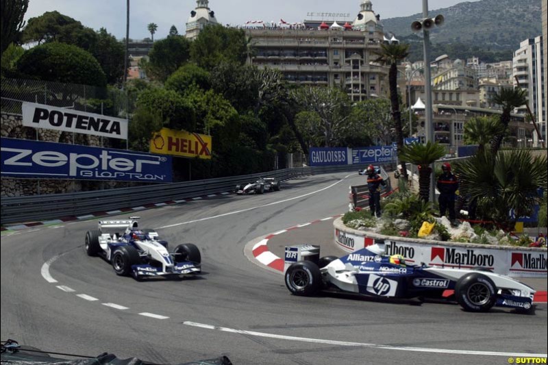 Ralf Schumacher, Williams, with team mate Juan Pablo Montoya, Williams. Monaco Grand Prix, Sunday, June 1st 2003.