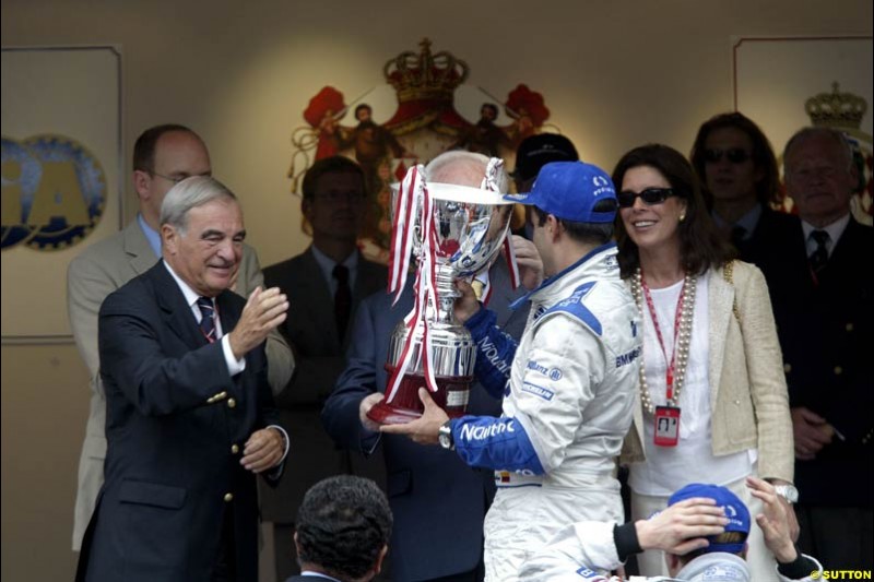 Juan Pablo Montoya, Williams, celebrates victory. Monaco Grand Prix, Sunday, June 1st 2003.