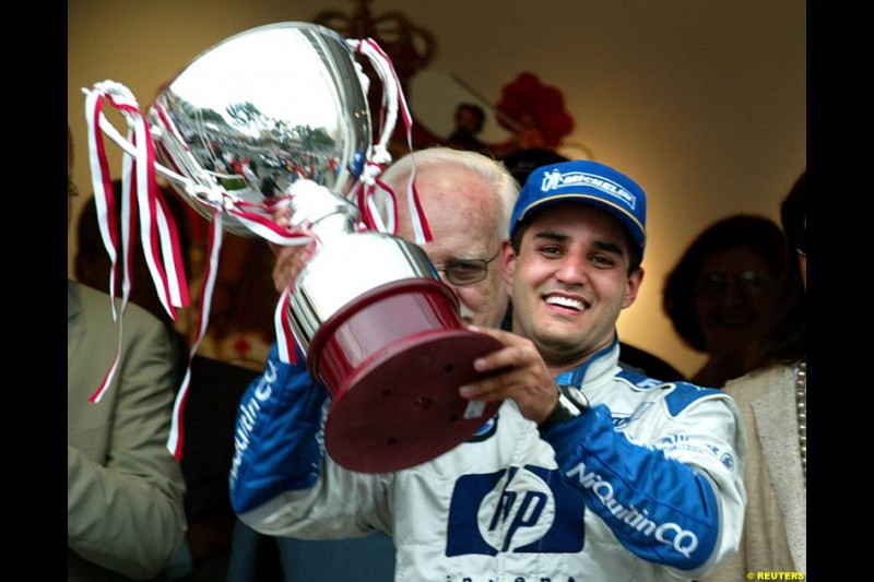 Juan Pablo Montoya, Williams, celebrates victory. Juan Pablo Montoya, Williams, celebrates victory. Monaco Grand Prix, Sunday, June 1st 2003.
