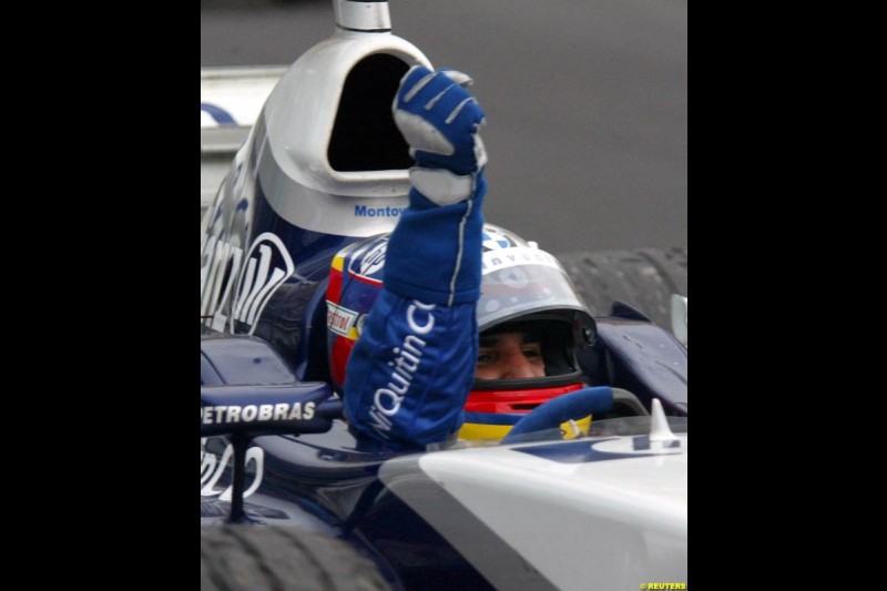 Juan Pablo Montoya, Williams, celebrates victory. Monaco Grand Prix, Sunday, June 1st 2003.
