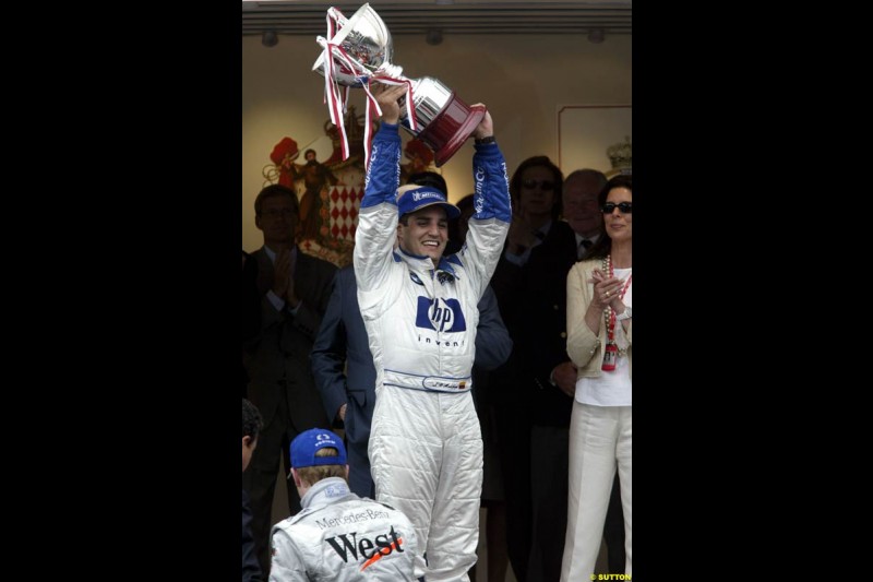 Juan Pablo Montoya, Williams, celebrates victory. Monaco Grand Prix, Sunday, June 1st 2003.