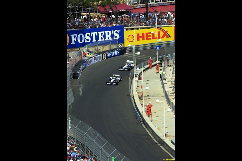Ralf Schumacher, Williams, holds off team mate Juan Pablo Montoya, Williams, to lead the race. Monaco Grand Prix, Sunday, June 1st 2003.