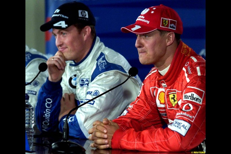 The post qualifying press conference. Ralf Schumacher, Williams; Michael Schumacher, Ferrari. Canadian Grand Prix, Montreal, Saturday, June 14th 2003.
