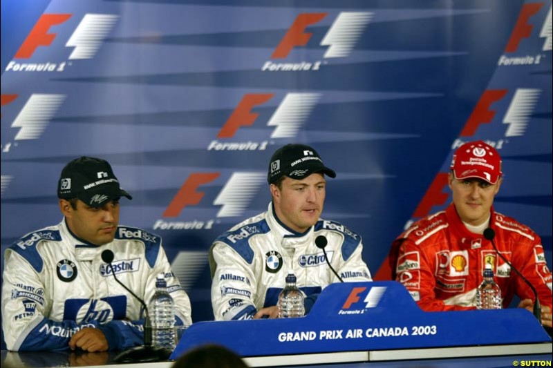 The post qualifying press conference. 1st, Ralf Schumacher, Williams; 2nd, Juan Pablo Montoya, Williams; 3rd, Michael Schumacher, Ferrari. Canadian Grand Prix, Montreal, Saturday, June 14th 2003.