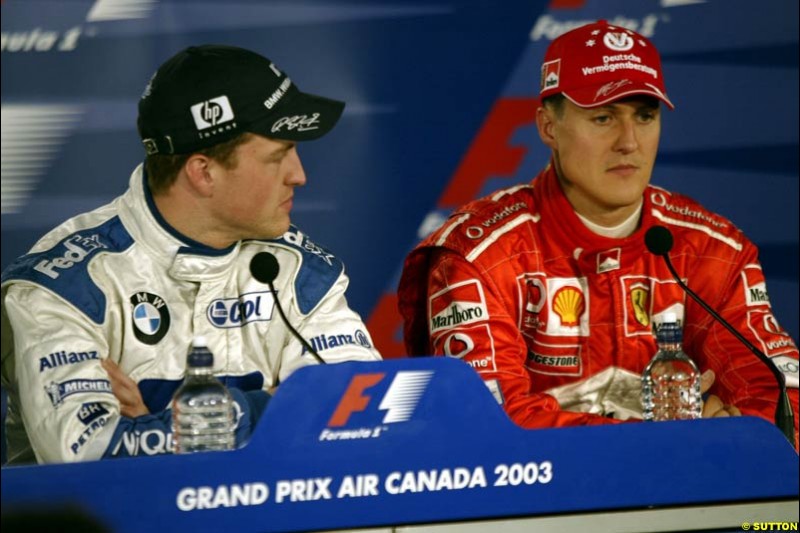 The post qualifying press conference. 1st, Ralf Schumacher, Williams; 3rd, Michael Schumacher, Ferrari. Canadian Grand Prix, Montreal, Saturday, June 14th 2003.