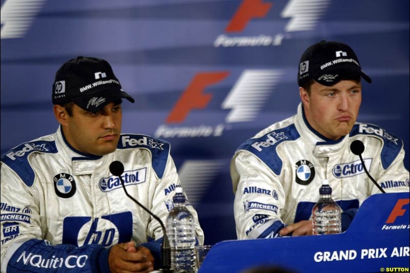 The post qualifying press conference. 1st, Ralf Schumacher, Williams; 2nd, Juan Pablo Montoya, Williams. Canadian Grand Prix, Montreal, Saturday, June 14th 2003.