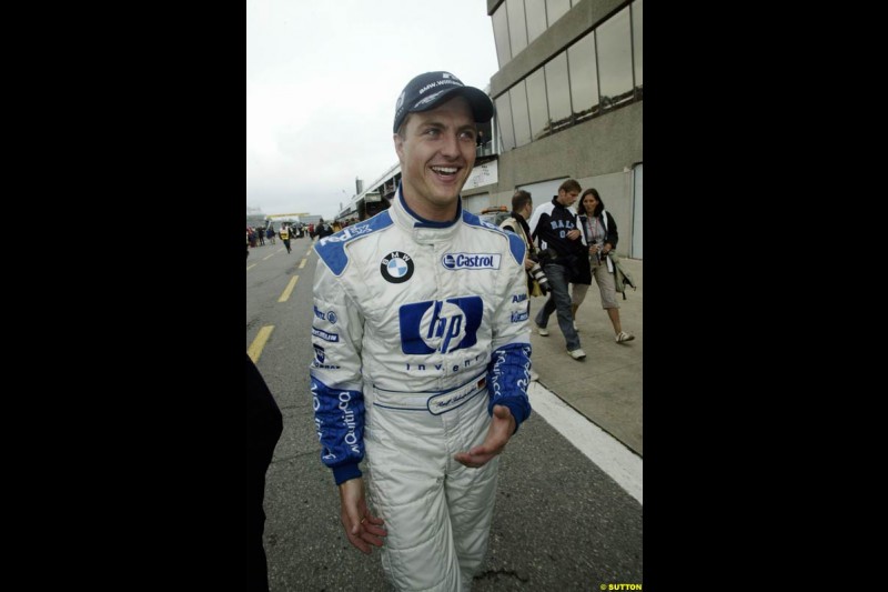 Ralf Schumacher, Williams, after scoring pole position. Canadian Grand Prix, Montreal, Saturday, June 14th 2003.