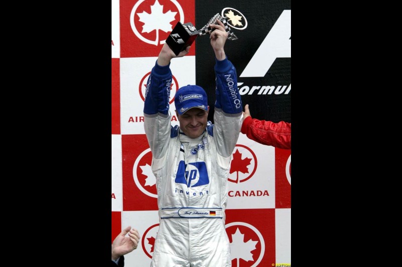 Ralf Schumacher, Williams, celebrates second place. Canadian Grand Prix, Montreal, Sunday, June 15th 2003.