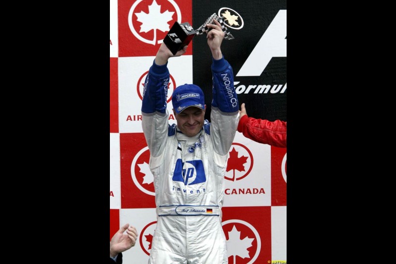 Ralf Schumacher, Williams, celebrates second place. Canadian Grand Prix, Montreal, Sunday, June 15th 2003. 
