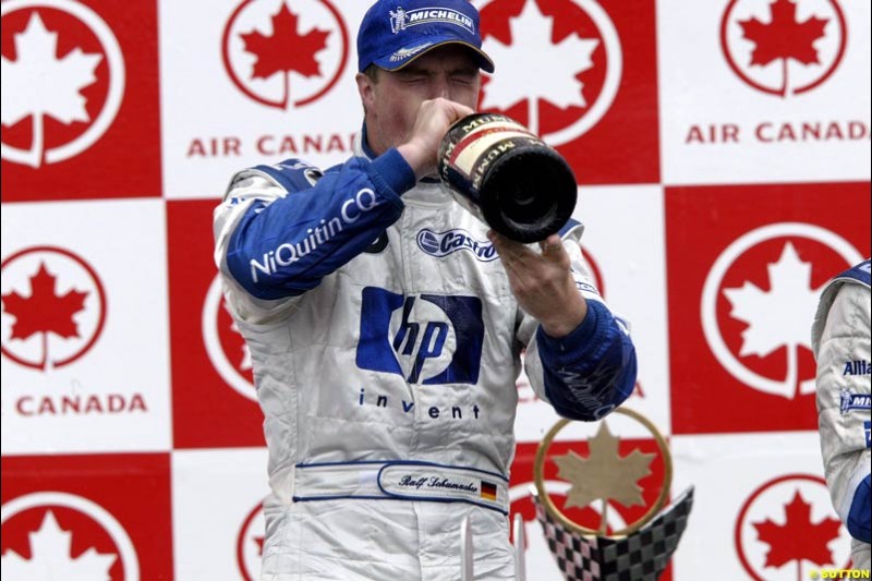 The Podium. Ralf Schumacher, Williams, celebrates second place. Canadian Grand Prix, Montreal, Sunday, June 15th 2003.