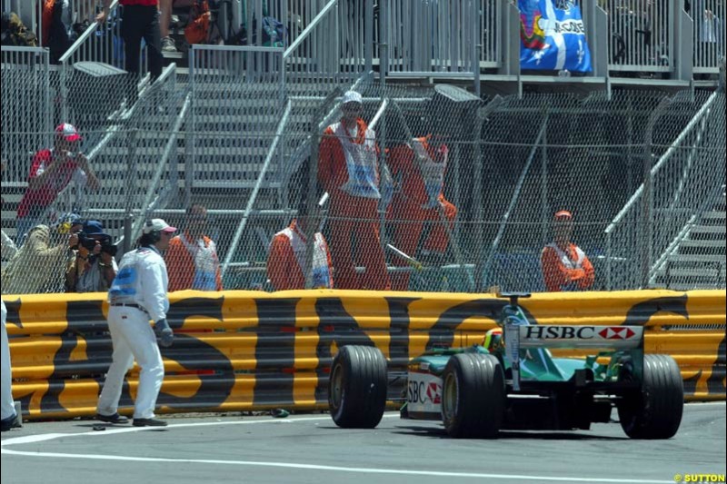 Antonio Pizzonia, Jaguar, after hitting the wall. Canadian Grand Prix, Montreal, Sunday, June 15th 2003.