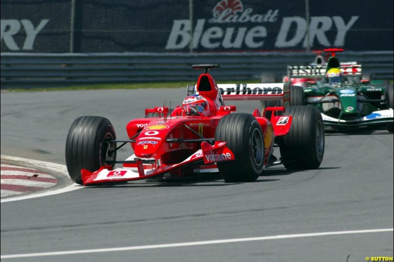 Rubens Barrichello, Ferrari, with a damaged front wing. Canadian Grand Prix, Montreal, Sunday, June 15th 2003.