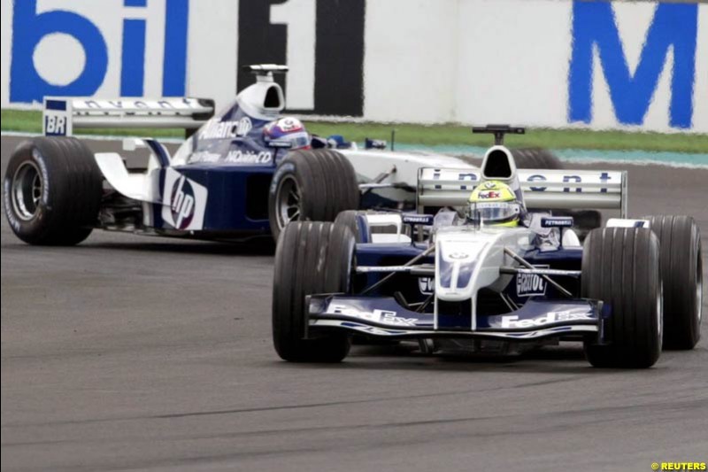 Ralf Schumacher, Williams, leads Juan Pablo Montoya, Williams. French Grand Prix at Magny Cours. Circuit de Nevers, France. Sunday, July 6th 2003.