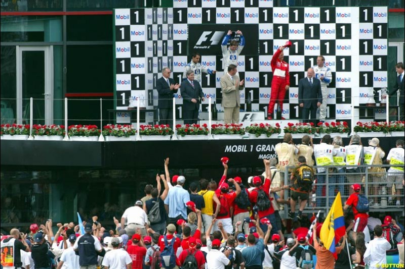 The Podium. 1st, Ralf Schumacher, Williams; 2nd, Juan Pablo Montoya, Williams; 3rd, Michael Schumacher, Ferrari. French Grand Prix at Magny Cours. Circuit de Nevers, France. Sunday, July 6th 2003.