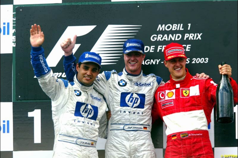 The Podium. 1st, Ralf Schumacher, Williams; 2nd, Juan Pablo Montoya, Williams; 3rd, Michael Schumacher, Ferrari. French Grand Prix at Magny Cours. Circuit de Nevers, France. Sunday, July 6th 2003.