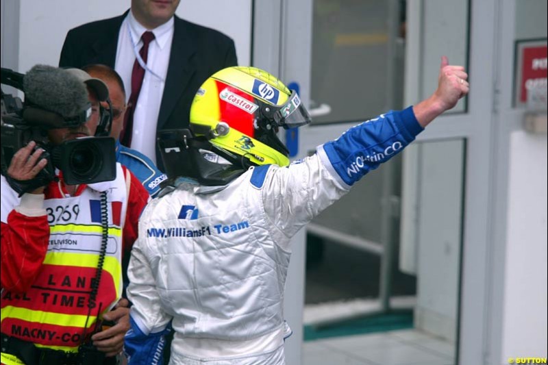 Ralf Schumacher, Williams, celebrates victory. French Grand Prix at Magny Cours. Circuit de Nevers, France. Sunday, July 6th 2003.