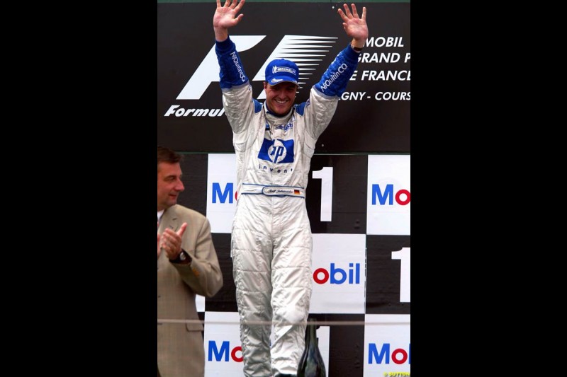 Ralf Schumacher, Williams, celebrates victory. French Grand Prix at Magny Cours. Circuit de Nevers, France. Sunday, July 6th 2003.