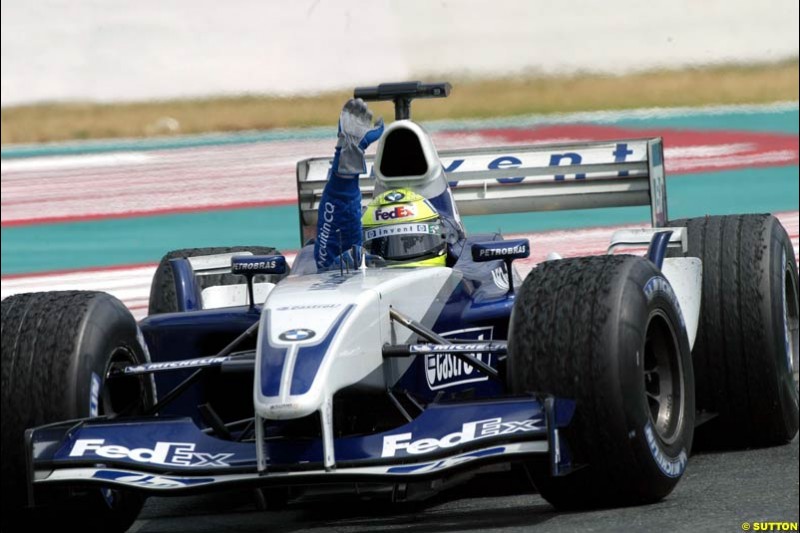 Ralf Schumacher, Williams, celebrates victory. French Grand Prix at Magny Cours. Circuit de Nevers, France. Sunday, July 6th 2003.