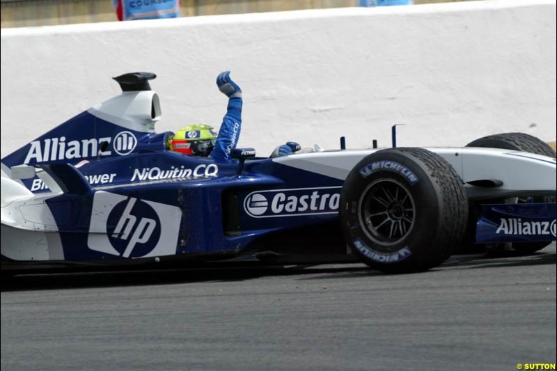 Ralf Schumacher, Williams, celebrates victory. French Grand Prix at Magny Cours. Circuit de Nevers, France. Sunday, July 6th 2003.