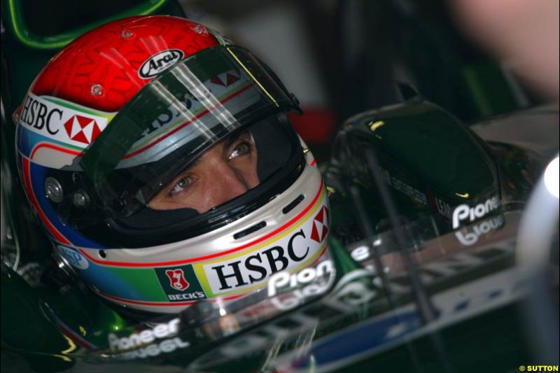 Justin Wilson, Jaguar. German Grand Prix at Hockenheim. Friday, August 1st 2003.