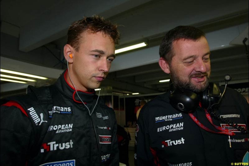 Nicolas Kiesa and Paul Stoddat, Minardi. German Grand Prix at Hockenheim. Friday, August 1st 2003.