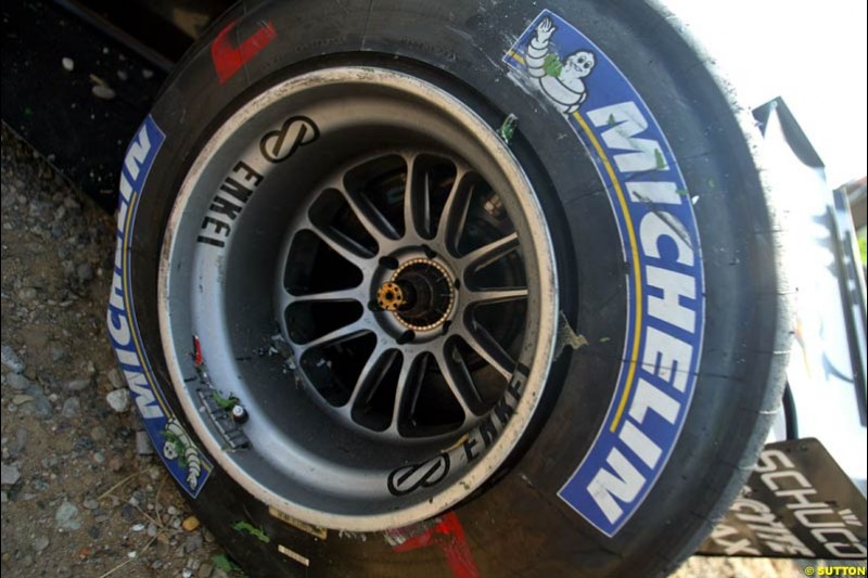 Damage to David Coulthard's McLaren, after he crashed during practice. German Grand Prix, Hockenheim, Germany. Saturday, August 2nd 2003.