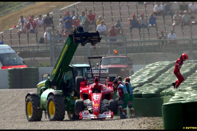 Michael Schumacher's Ferrari lifted away after he crashed during practice. German Grand Prix, Hockenheim, Germany. Saturday, August 2nd 2003.