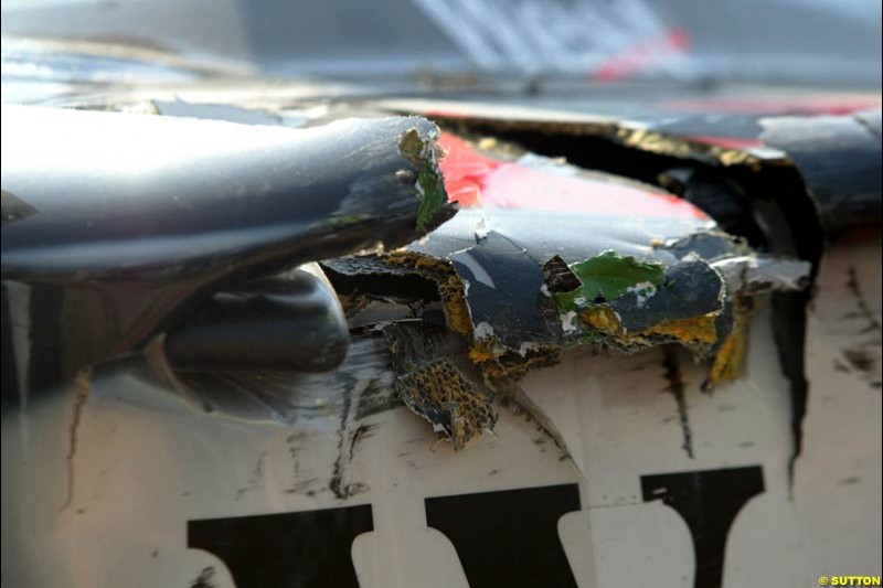 Damage to David Coulthard's McLaren, after he crashed during practice. German Grand Prix, Hockenheim, Germany. Saturday, August 2nd 2003.