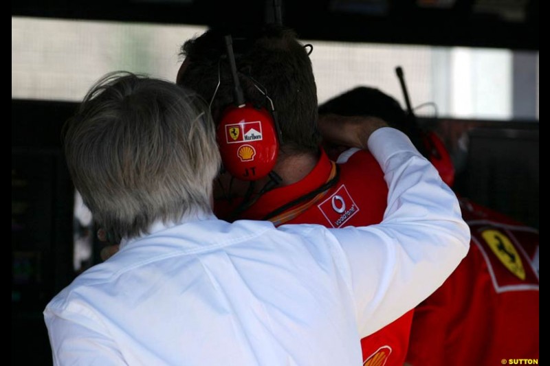 F1 Supremo Bernie Ecclestone chats to Ferrari General Manager Jean Todt. Hungarian Grand Prix Saturday. Hungaroring, Budapest. 23rd August, 2003.