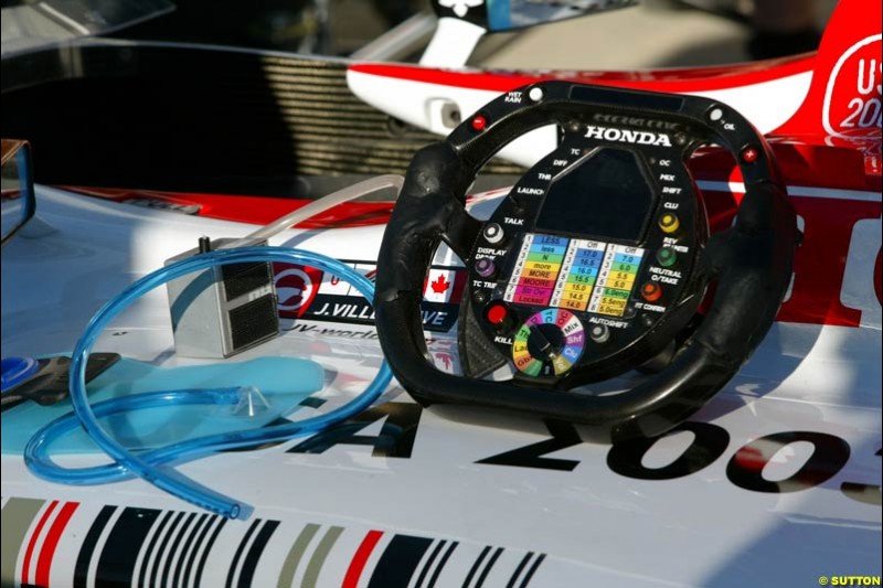 BAR steering wheel. United States GP, Indianapolis Motor Speeway. Thursday, September 25th 2003.