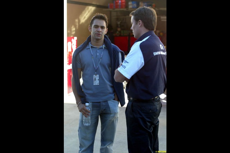 Antonio Pizzonia and Sam Michael. United States GP, Indianapolis Motor Speeway. Thursday, September 25th 2003.