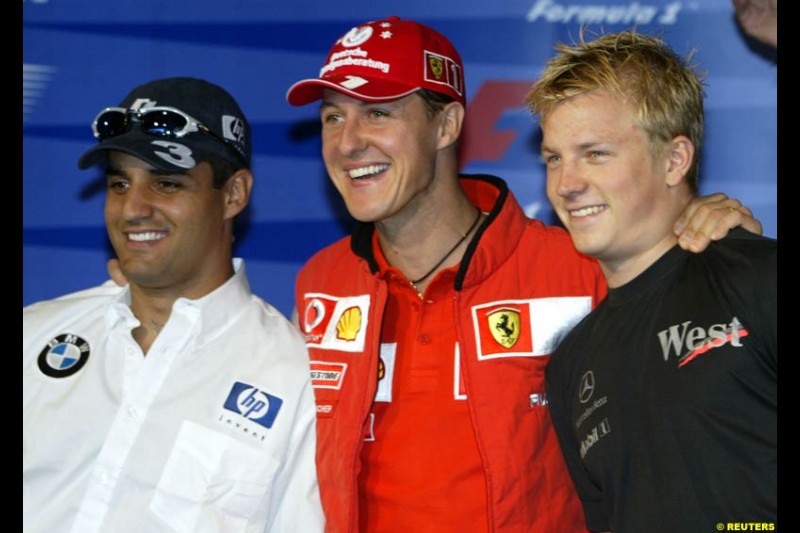 The World Championship contenders: Juan Pablo Montoya, Michael Schumacher and Kimi Raikkonen. United States GP, Indianapolis Motor Speeway. Thursday, September 25th 2003.