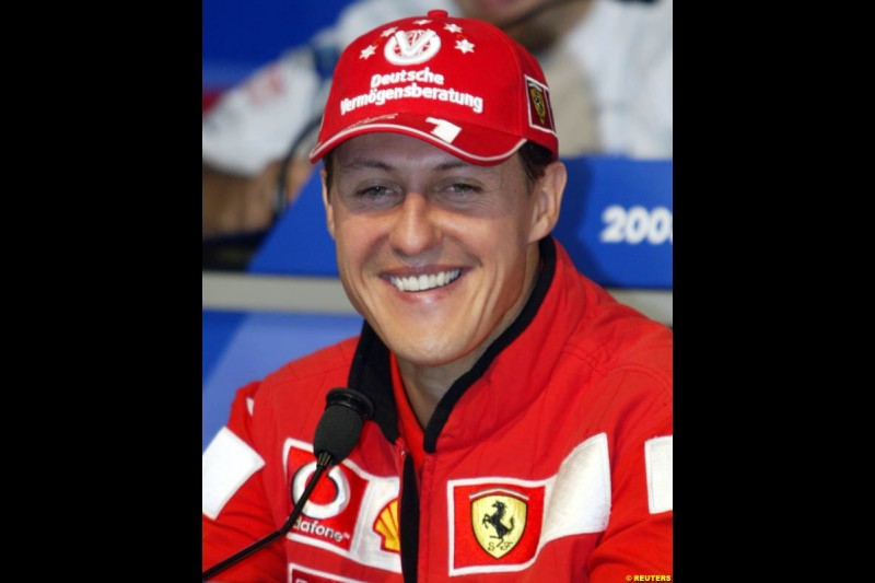 Ferrari's Michael Schumacher at the Thursday Press Conference. United States GP, Indianapolis Motor Speeway. Thursday, September 25th 2003.