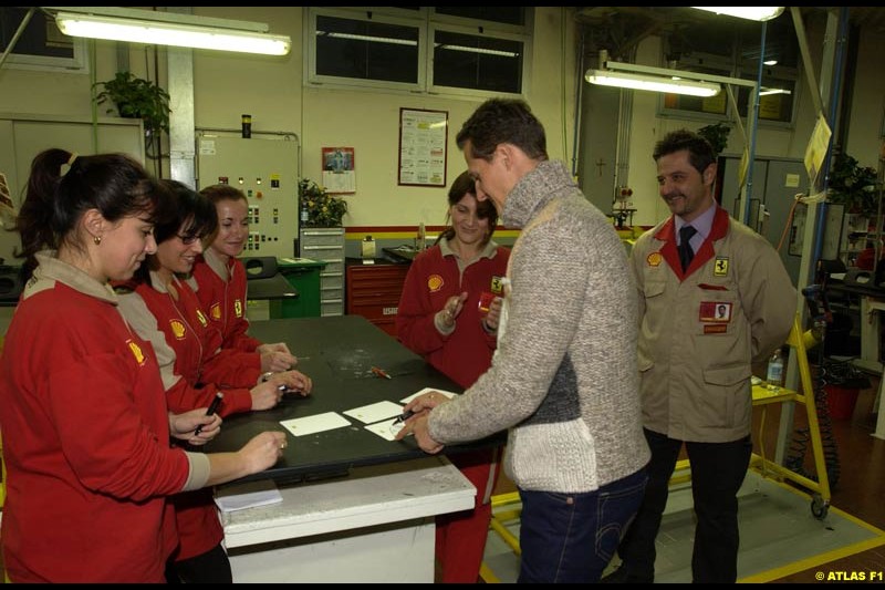 Michael Schumacher visits the Ferrari factory at Maranello, Italy. November 21st 2003.