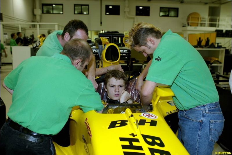 Jaroslav Janis Formula One seat fitting, Jordan Factory HQ, Silverstone, England. 20 November 2003.