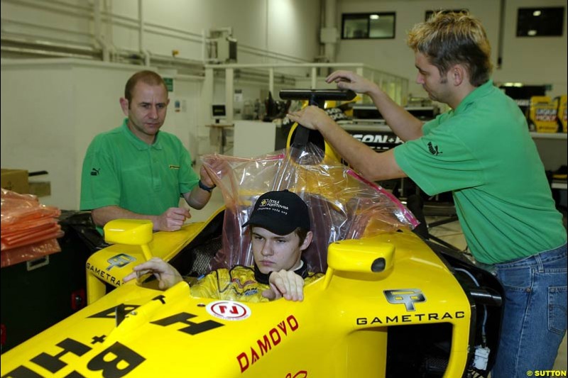 Jaroslav Janis Formula One seat fitting, Jordan Factory HQ, Silverstone, England. 20 November 2003.