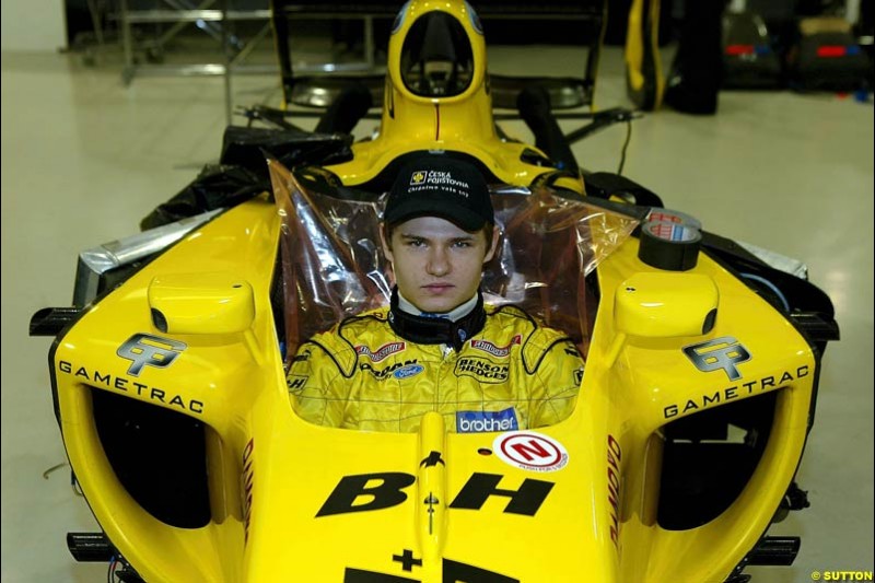 Jaroslav Janis Formula One seat fitting, Jordan Factory HQ, Silverstone, England. 20 November 2003.