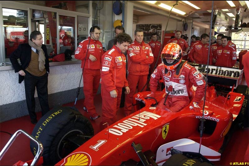 Michael Schumacher takes the F2004 for its first running. Fiorano, Italy. January 30th 2004.