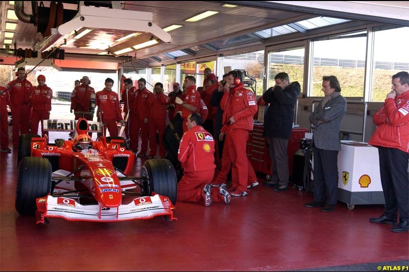 Michael Schumacher takes the F2004 for its first running. Fiorano, Italy. January 30th 2004.