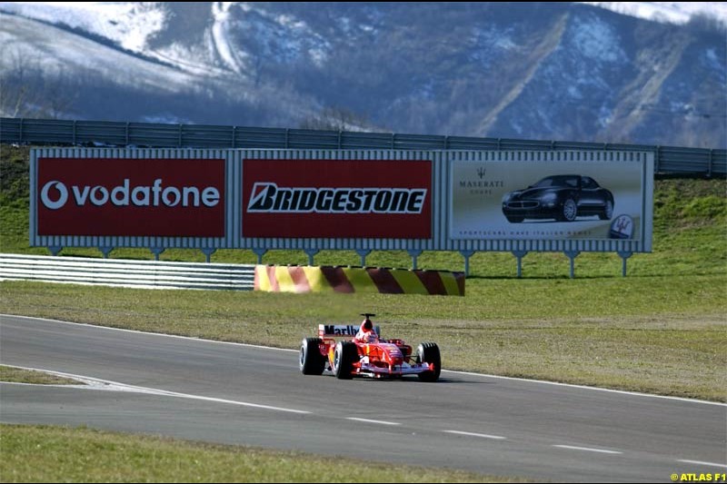Michael Schumacher takes the F2004 for its first running. Fiorano, Italy. January 30th 2004.