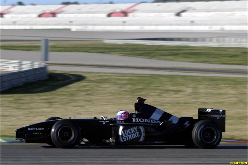 Jenson Button, BAR. F1 Testing at Valencia, Spain. January 28th 2004.