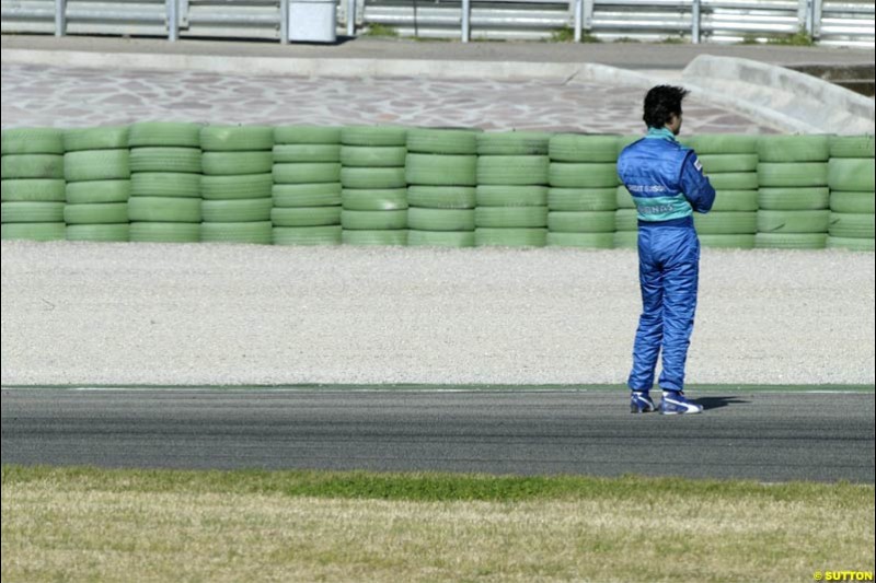 F1 Testing at Valencia, Spain. January 27th 2004. Felipe Massa on track after his Sauber broke down.