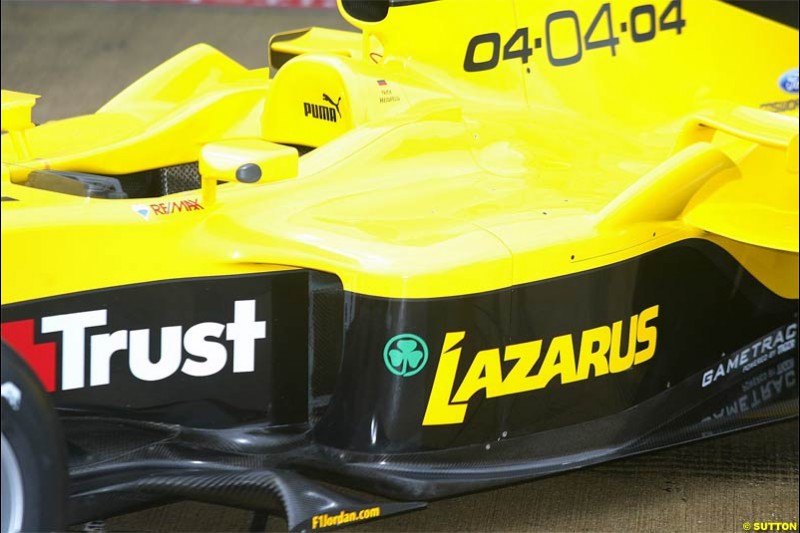 The Jordan EJ14 breaks cover in Silverstone, England. February 4th 2004.